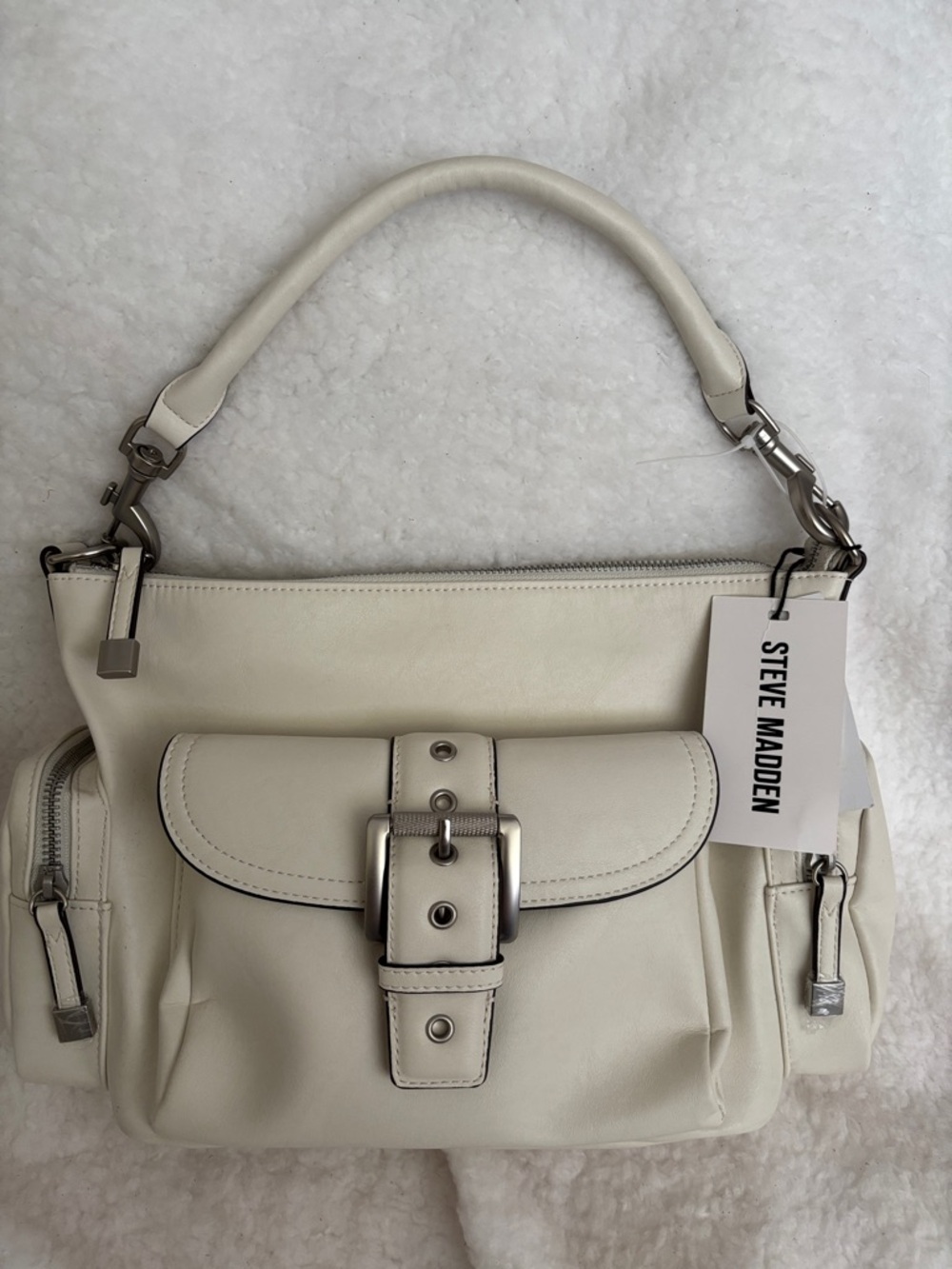 Steve Madden Cream Leather Shoulder Bag with Silver Hardware